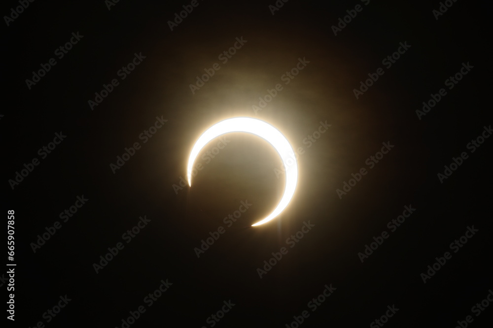 The moon moves off the solar disk during an annular solar eclipse, from Algoma, Oregon, on October 14, 2023 The moon moves off the solar disk during an annular solar eclipse, from Algoma, Oregon, on October 14, 2023