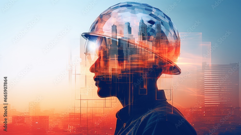 Fototapeta premium Construction engineer looking at blueprints and working cranes on building site