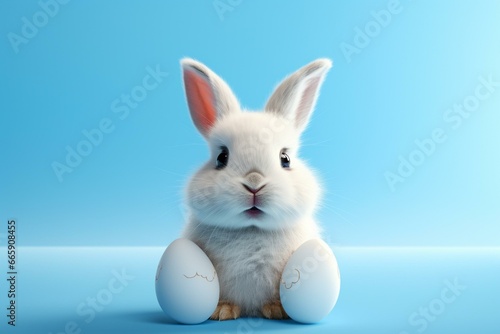 Cute bunny with egg on blue background. 3D rendered. Generative AI