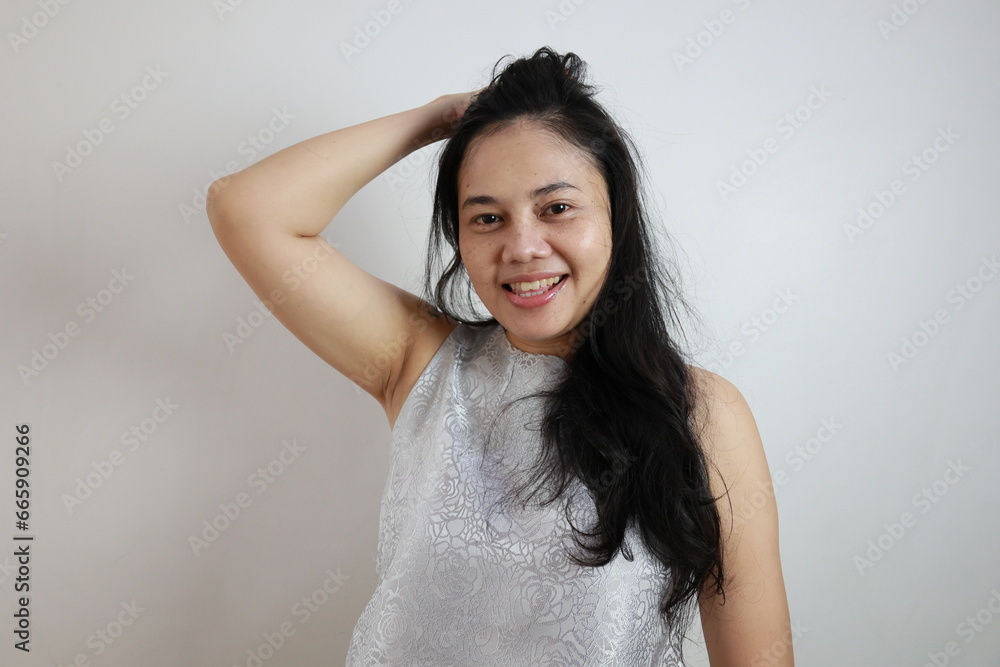 portrait of a person woman on gray background portrait of a person woman on gray background