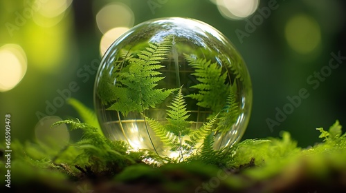 A close-up image of a glass globe lying inside in a green woodland, Generative AI.