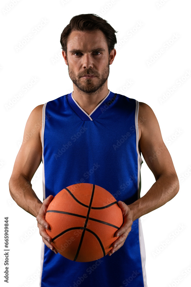 Digital png photo of caucasian male basketball player with ball on transparent background