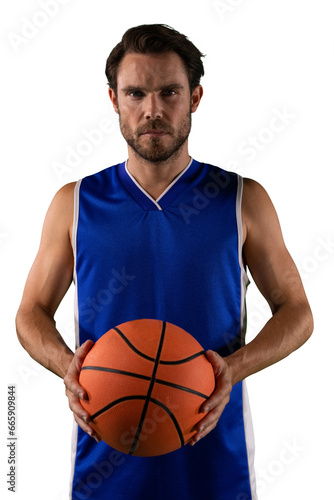 Digital png photo of caucasian male basketball player with ball on transparent background