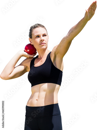 Digital png photo of caucasian sportswoman with ball on transparent background