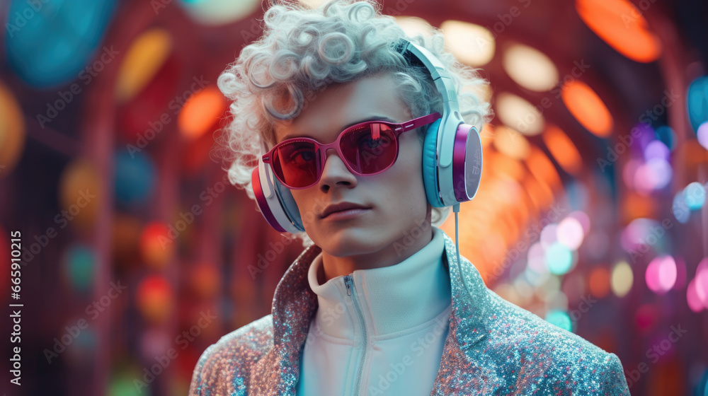 Fashion retro futuristic boy in surrealistic 60s-70s disco club culture life style