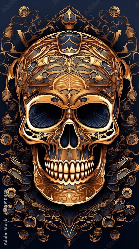 A skull with ornate t shirt design, vector illustration of a skull head, Generative AI.
