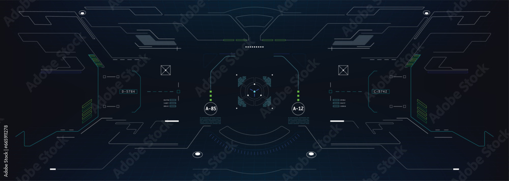 Technology futuristic system of HUD monitoring screen interface element. UI, GUI, drone, VR, game display template vector. - obrazy, fototapety, plakaty 