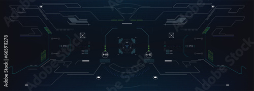 Technology futuristic system of HUD monitoring screen interface element. UI, GUI, drone, VR, game display template vector.