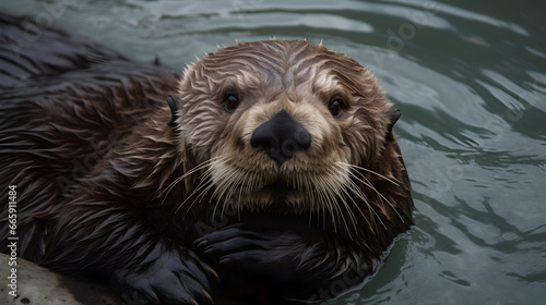 close up of a cute sea otter in water and looking at the camera. front view