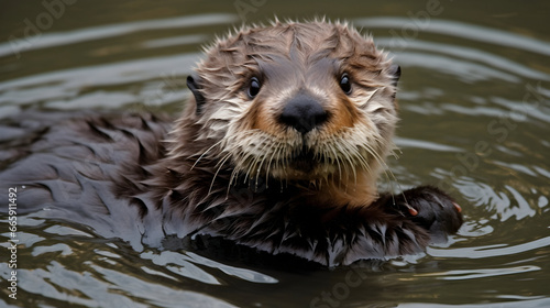 The cute otter is swimming in the water, turning back to look at the camera. close up.