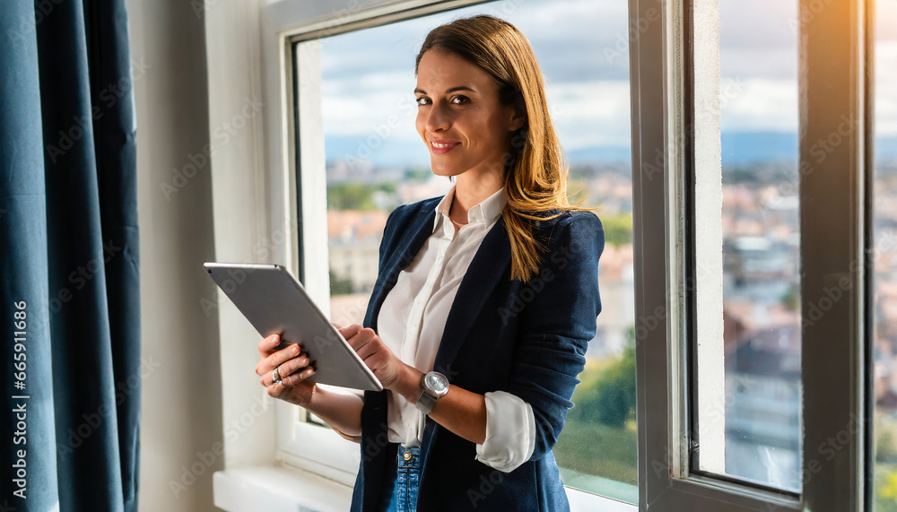 single focus Business woman holding a tablet and standing next to a window
