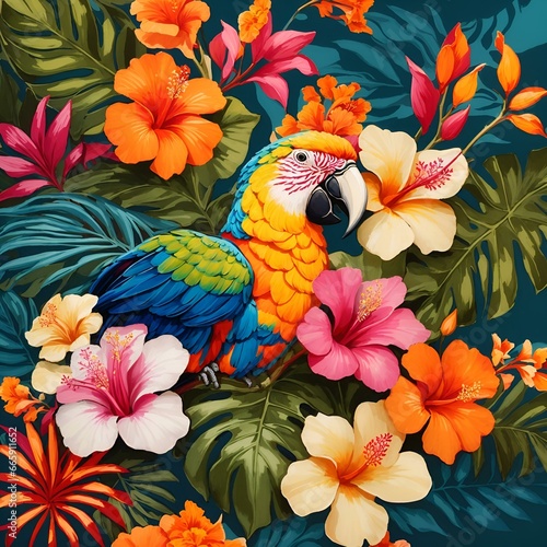 Tropical flowers and birds on a dark blue background ,A tropical paradise with exotic birds © Yasir