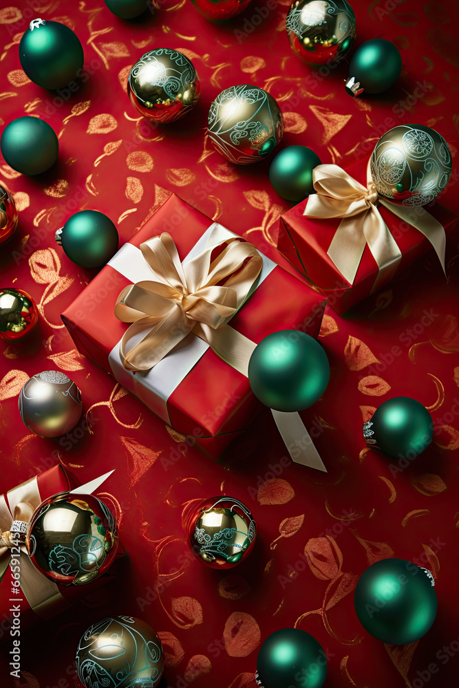 Christmas party decoration, red background with gift boxes. Christmas party decoration, red background with gift boxes.