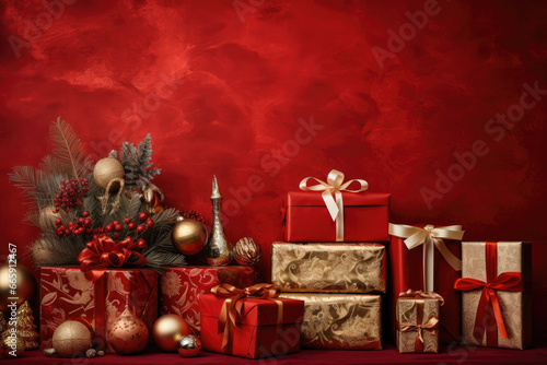 Christmas party decoration, red background with gift boxes. 