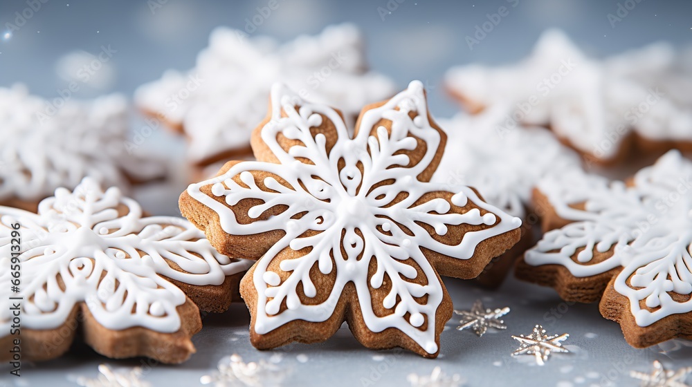 Handmade gingerbread cookies for Christmas on a white setting, Generative AI.