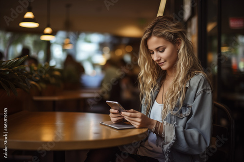 Female freelancer engrossed in smartphone work at a cafe
