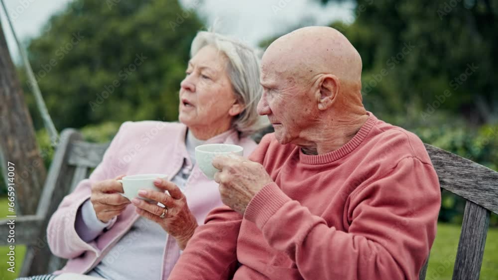 Love, coffee and old couple on bench in garden, morning bonding chat and relax together in retirement. Marriage, senior man and woman on swing in backyard with drink, talk and care in conversation. Love, coffee and old couple on bench in garden, morning bonding chat and relax together in retirement. Marriage, senior man and woman on swing in backyard with drink, talk and care in conversation.