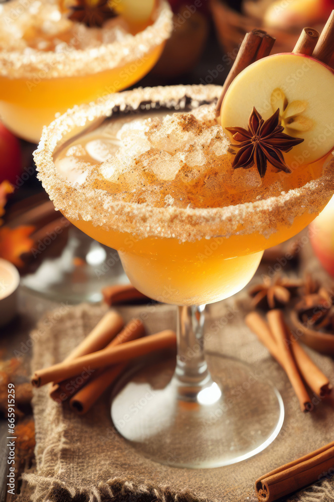 Apple cider margarita with brown sugar rim, cinnamon and fresh thyme, fall cocktail or mocktail idea in a rustic setting Apple cider margarita with brown sugar rim, cinnamon and fresh thyme, fall cocktail or mocktail idea in a rustic setting