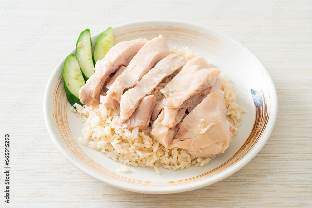 Hainanese chicken rice or rice steamed with chicken soup Hainanese chicken rice or rice steamed with chicken soup