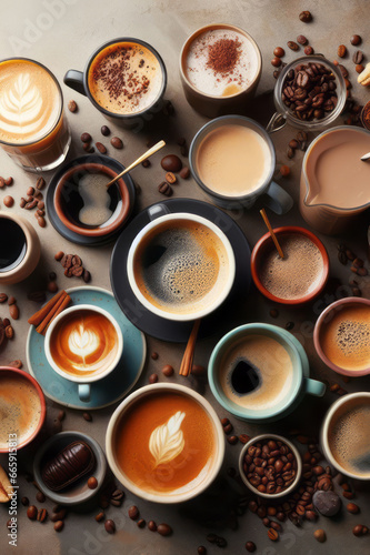 Multiple cups of coffee with variety of coffee drinks overhead view