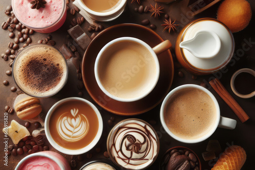 Multiple cups of coffee with variety of coffee drinks overhead view