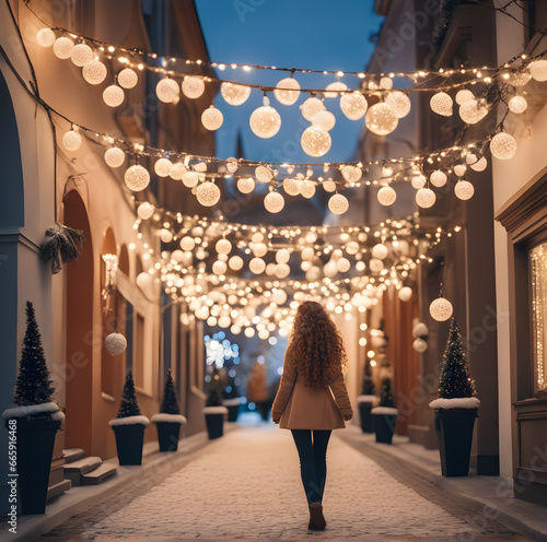 The back view of a girl with brown curly long hair, wearing skinny jeans and a coat, walking down a street at night, surrounded by Christmas trees and lights.