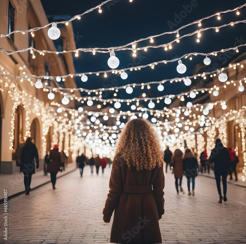 A back view of a girl with brown curly long hair and a coat walking down a crowded nighttime street surrounded by Christmas trees and lights.