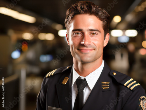Fototapeta Portrait of a handsome young pilot smiling at the camera while standing in the airport