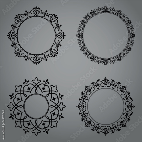 Set of decorative frames Elegant vector element for design in Eastern style, place for text. Floral black and gray borders. Lace illustration for invitations and greeting cards