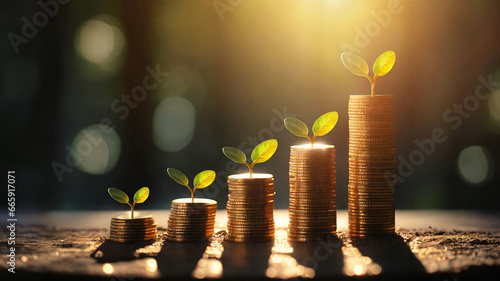 coins with money growing plant concept finance and banking. concept interest rates and dividends ,investment growth percentage and interest on deposits. Generative AI.