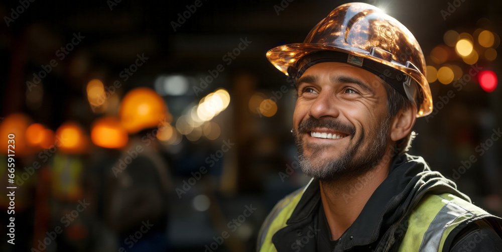Portrait of a smiling young man wearing a hardhat in a factory. Generative AI Portrait of a smiling young man wearing a hardhat in a factory. Generative AI