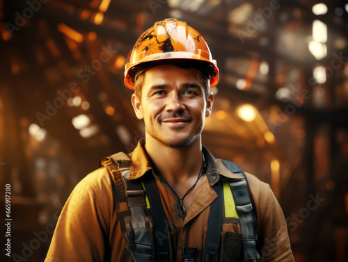 Portrait of a smiling male worker wearing safety vest and hardhat. Generative AI