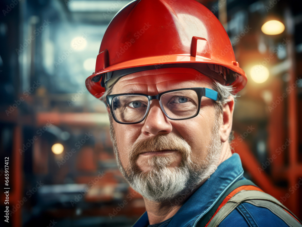 Portrait of mature male worker in hardhat and glasses. Industrial background. Generative AI Portrait of mature male worker in hardhat and glasses. Industrial background. Generative AI