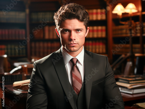 Portrait of a handsome young man in a classic suit. Law and justice. Generative AI