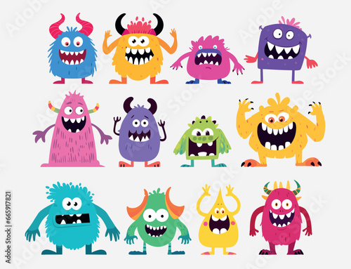 Collection of 12 cute funny monsters illustrations for kids, set of different emotions and poses, fit for children books, games, textile and gift cards