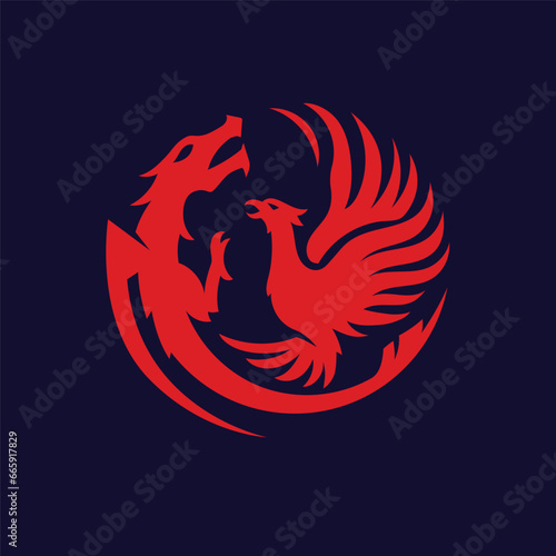 Silhouette of phoenix bird and dragon