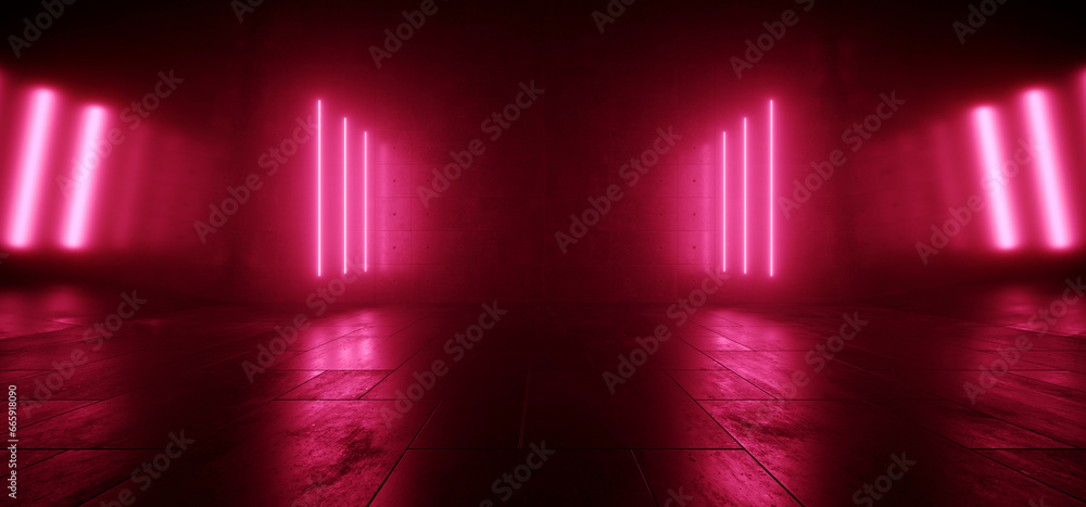 Modern Sci Fi Neon Laser Purple Red Garage Hangar Cyber Lights Glowing On Concrete Rough Floor Empty Background Alien Spaceship Warehouse Underground Tunnel Corridor 3D Rendering - obrazy, fototapety, plakaty 