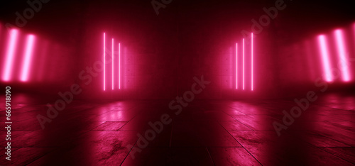 Fototapeta Naklejka Na Ścianę i Meble -  Modern Sci Fi Neon Laser Purple Red Garage Hangar Cyber Lights Glowing On Concrete Rough Floor Empty Background Alien Spaceship Warehouse Underground Tunnel Corridor 3D Rendering