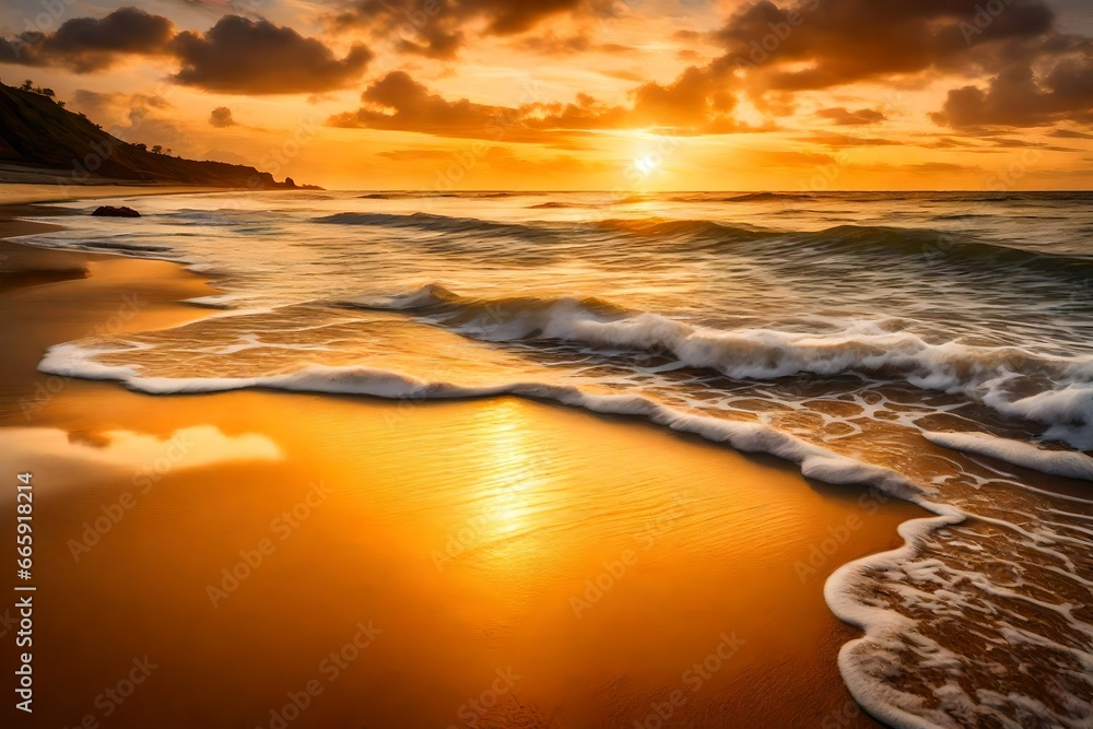 Capturing the Serene Beauty of a Golden Sunset as the Sun Sets Over a Calm Beach.