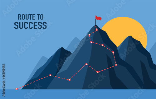 Route to success on blue dark background.Mountain path to the top form lines and dots. Investment business ideas to success goal.