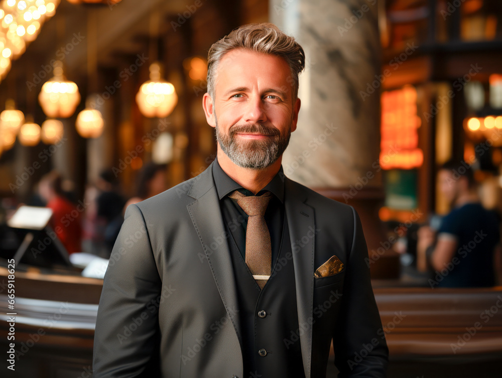 Portrait of a handsome mature businessman standing in a restaurant and smiling. Generative AI Portrait of a handsome mature businessman standing in a restaurant and smiling. Generative AI