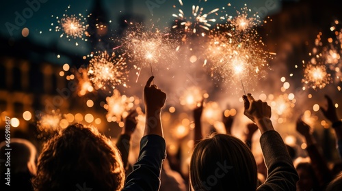 Vibrant nighttime celebration: joyful faces, champagne toasts, bokeh, and fireworks." (200 characters