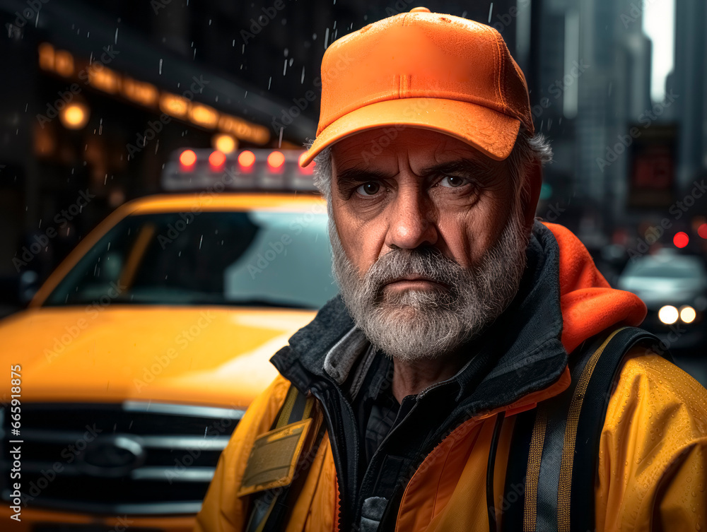 Portrait of a senior man in a yellow cap with a gray beard on a background of yellow taxi. Generative AI Portrait of a senior man in a yellow cap with a gray beard on a background of yellow taxi. Generative AI