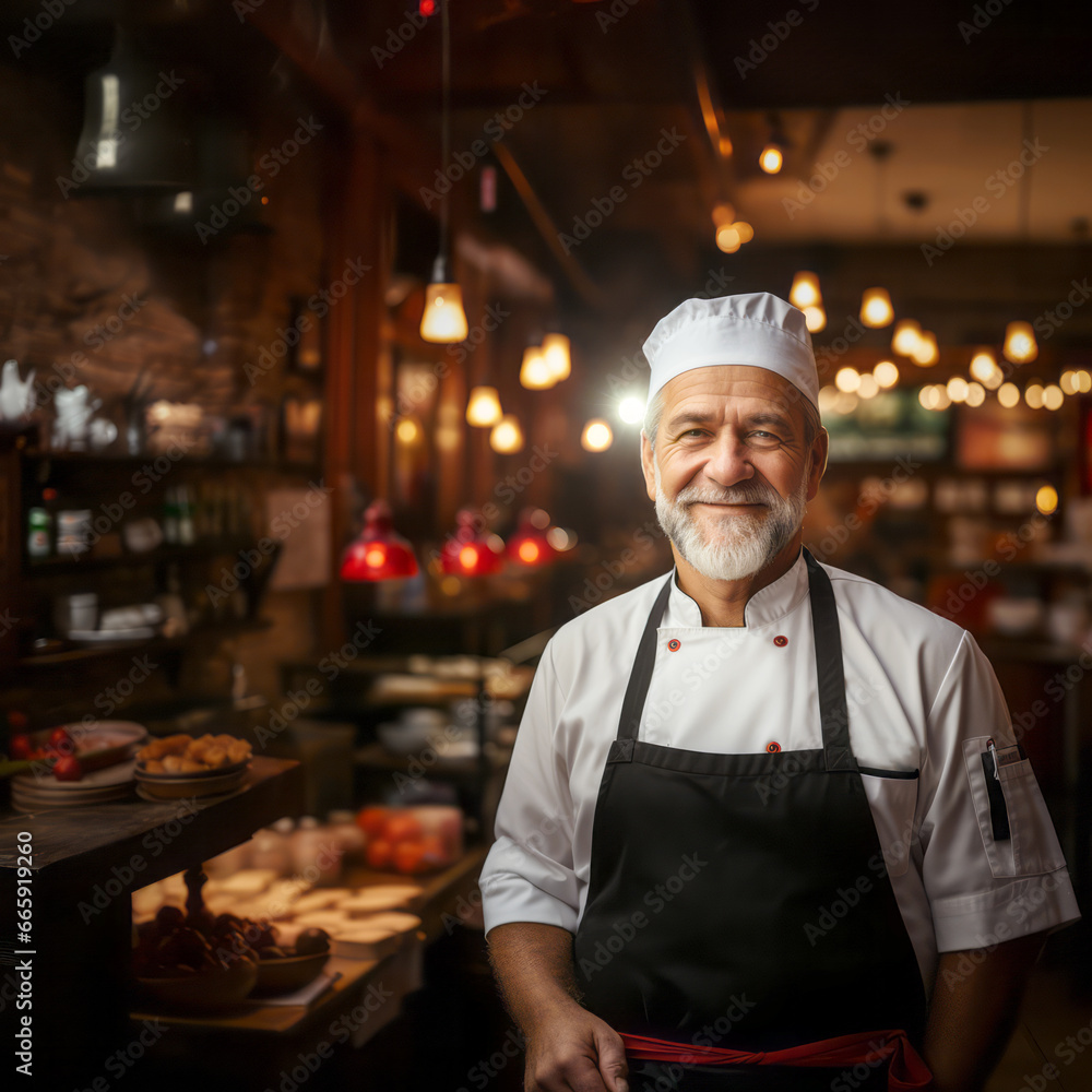 Portrait of a smiling senior chef standing in a restaurant kitchen. Generative AI Portrait of a smiling senior chef standing in a restaurant kitchen. Generative AI