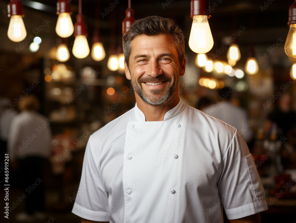 Portrait of a smiling male chef standing in a restaurant and looking at the camera. Generative AI Portrait of a smiling male chef standing in a restaurant and looking at the camera. Generative AI