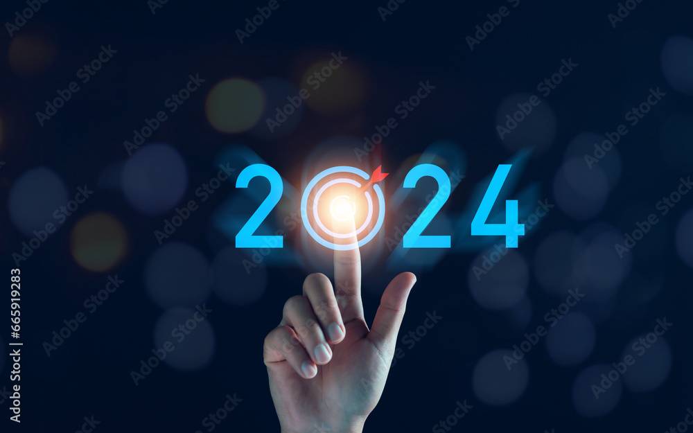 2024 new year goal concept. Hand touch goal icon, target 2023 to 2024 for preparation happy new year, start new year. Planning,opportunity, challenge, business strategy. New goal for Next Year 2024. 2024 new year goal concept. Hand touch goal icon, target 2023 to 2024 for preparation happy new year, start new year. Planning,opportunity, challenge, business strategy. New goal for Next Year 2024.
