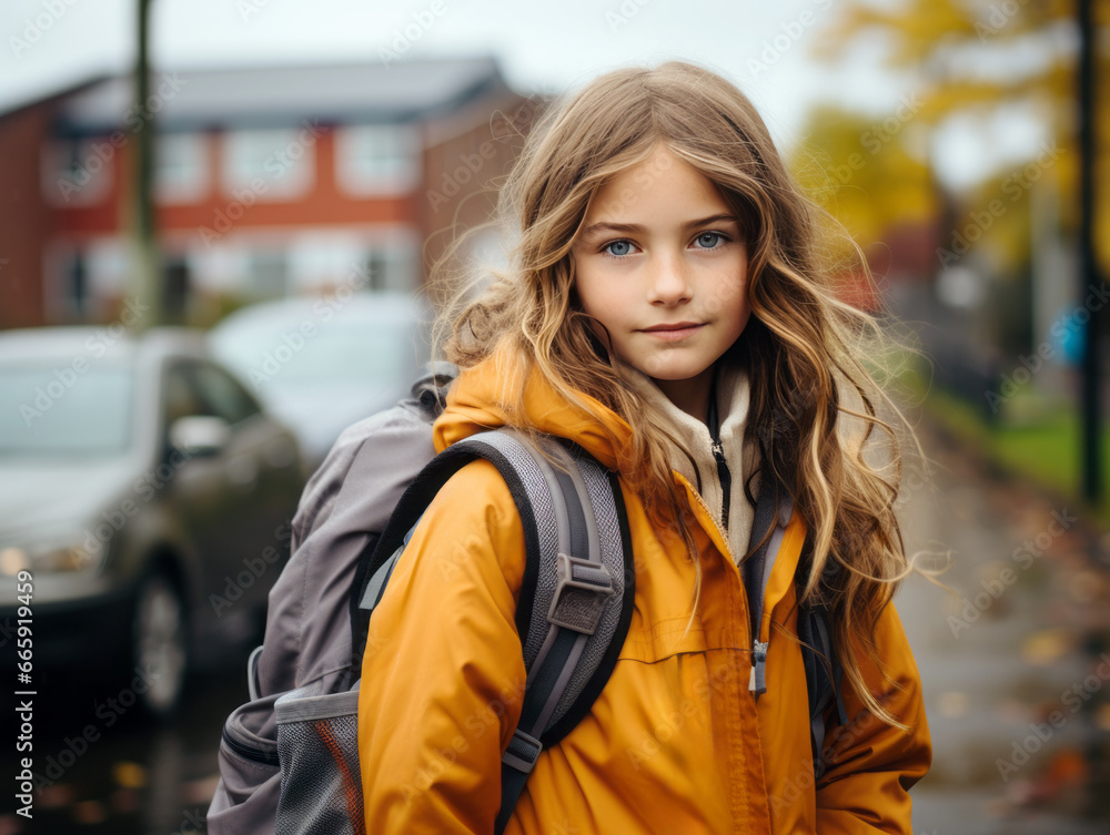 Portrait of a beautiful girl in a yellow jacket with a backpack. Generative AI
