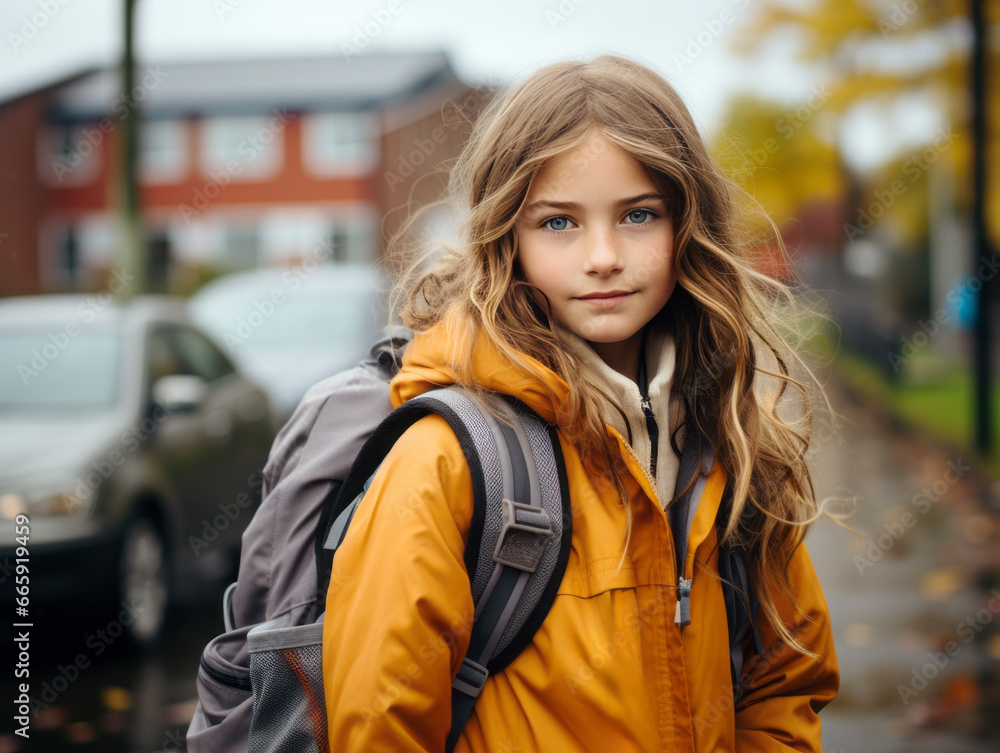 Portrait of a beautiful girl in a yellow jacket with a backpack. Generative AI Portrait of a beautiful girl in a yellow jacket with a backpack. Generative AI