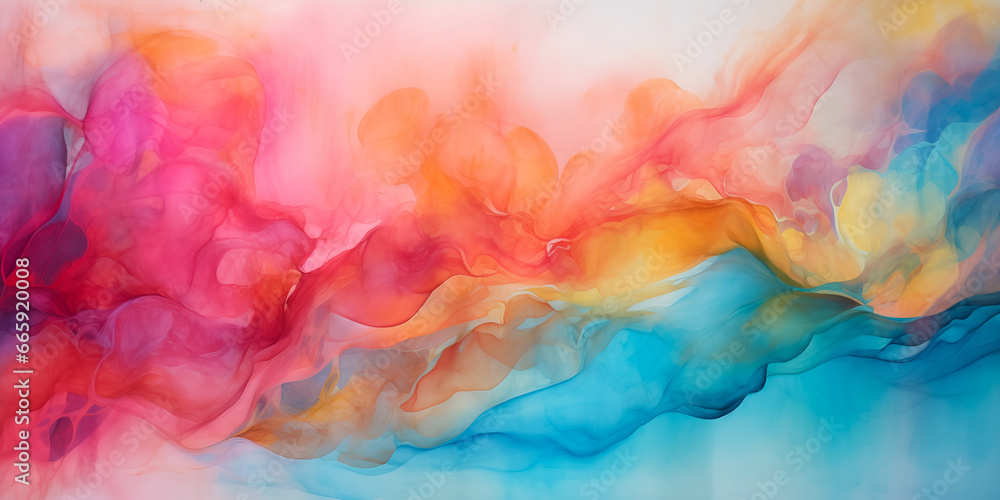 Dreamy pastel grunge watercolor flowing waves backdrop. Purple, blue, pink, yellow soft painted wavy folds. Abstract luxury wave overlay background.  Fresco paint drips, waves background copy space