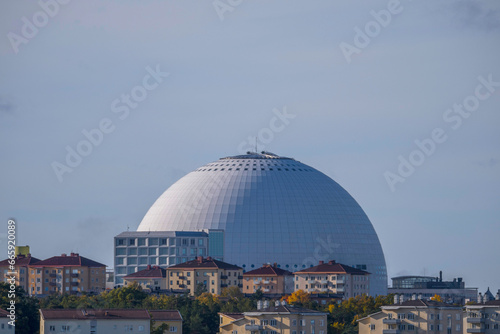 View over arenas and the Avicii globe arena, a sunny colorful autumn day in Stockholm 
